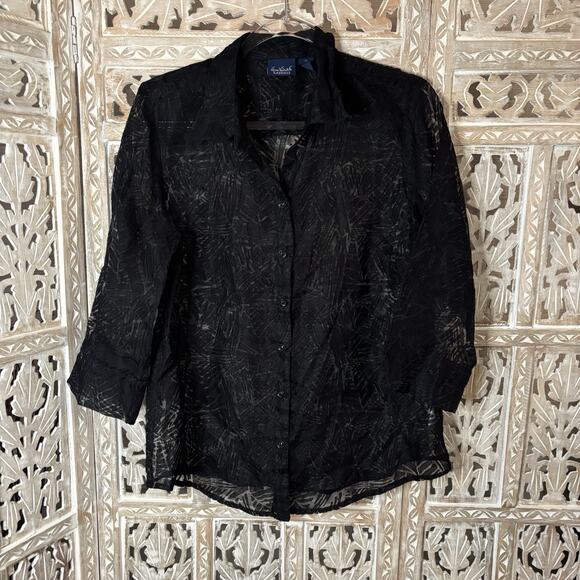 Gloria Vanderbilt Casuals Black Goth Geometric Sheer 3/4 Sleeve Button Up Top M - Picture 1 of 10